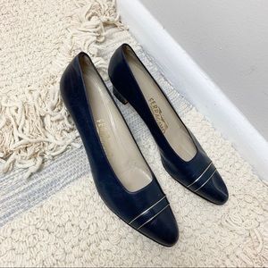 Salvatore Ferragamo Blue Heels w/ Gold Stripes